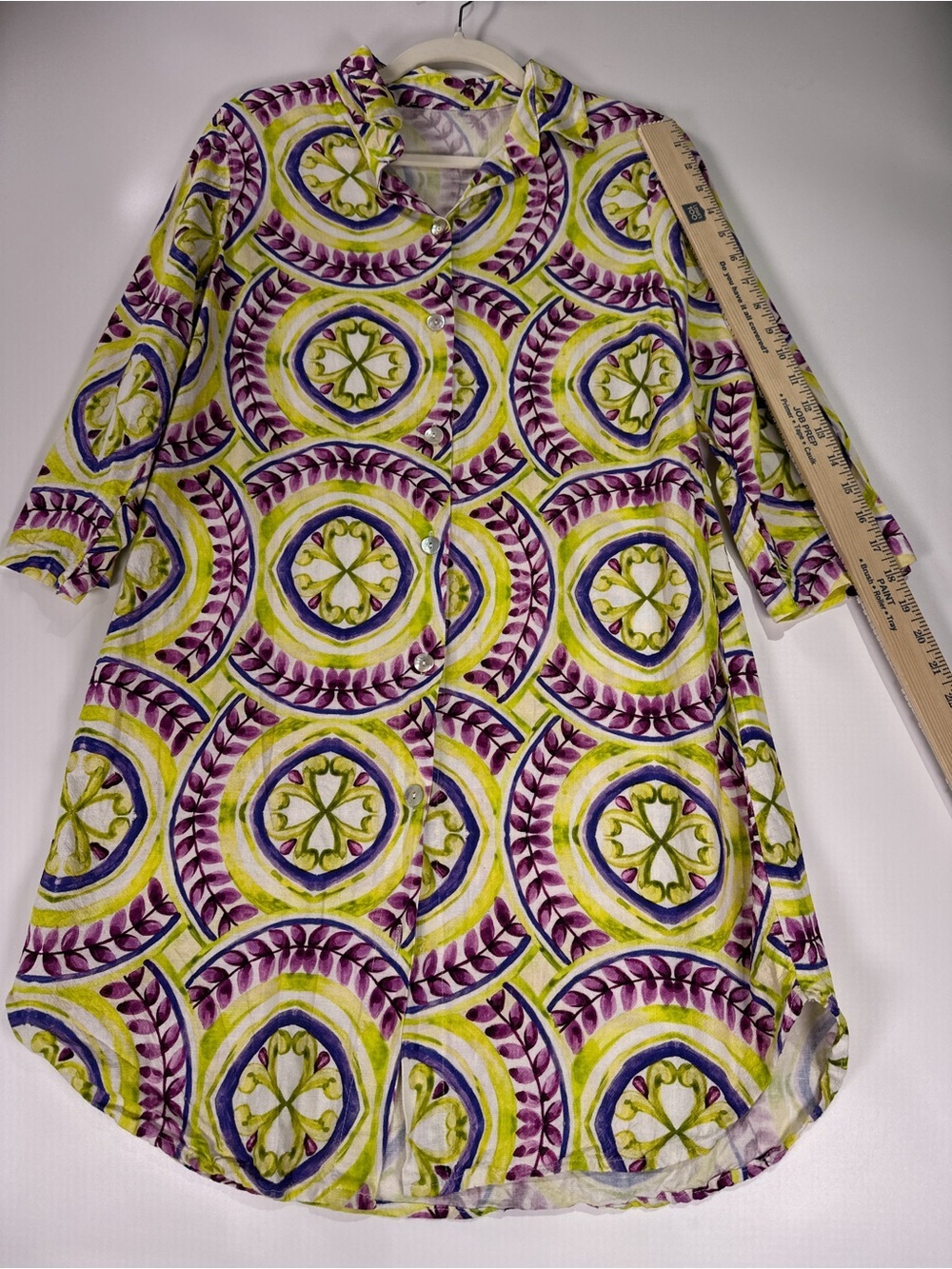 Made In Italy Shirt Dress Linen Medallion Print Green Purple Size 10 - Picture 9 of 10